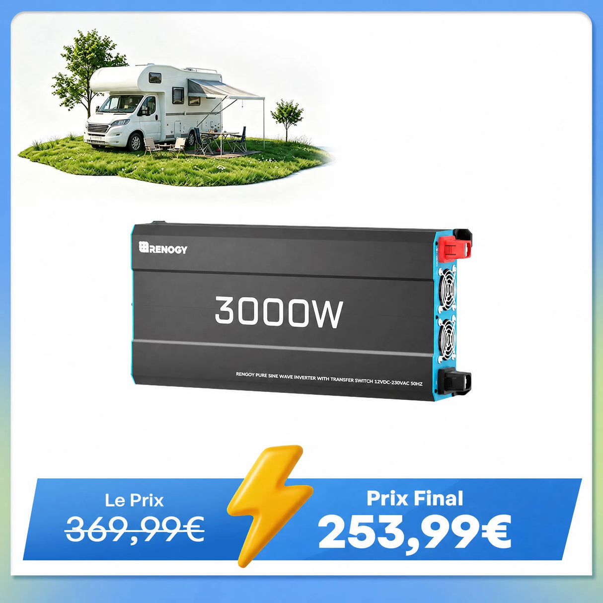 12V 3000W Onduleur Solaire DC-AC à Onde Sinusoïdale Pure pour Camping-Car, Van et Jardin