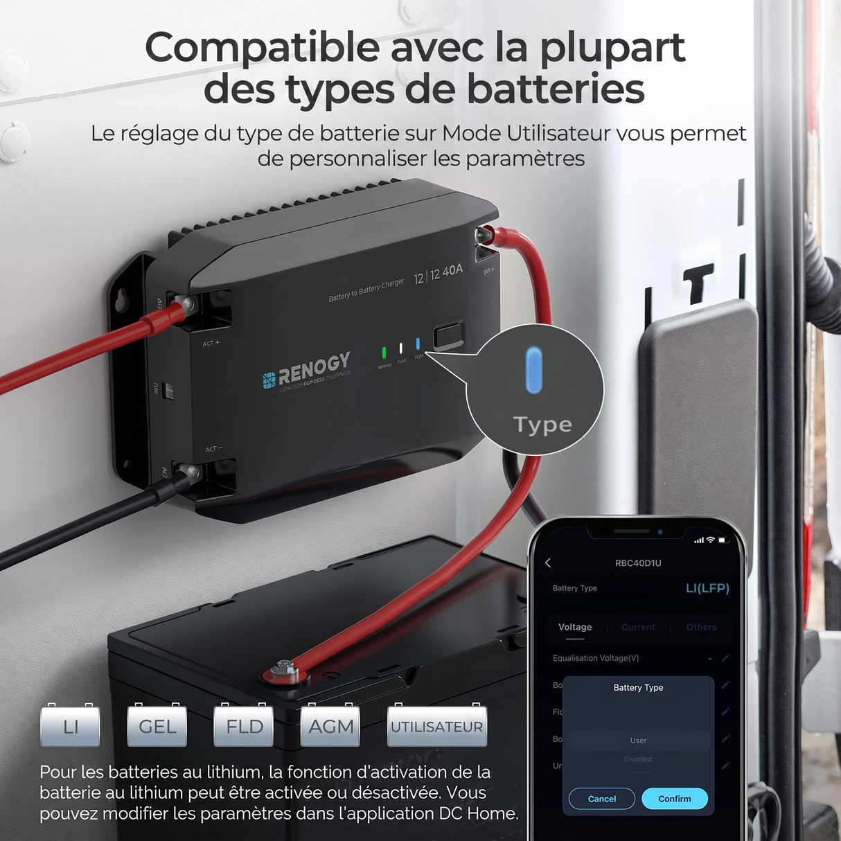 Renogy 12V 40A Chargeur de Batterie DC-DC Compatible avec la plupart des types de batteries : LI, GEL, FLD, AGM, USER