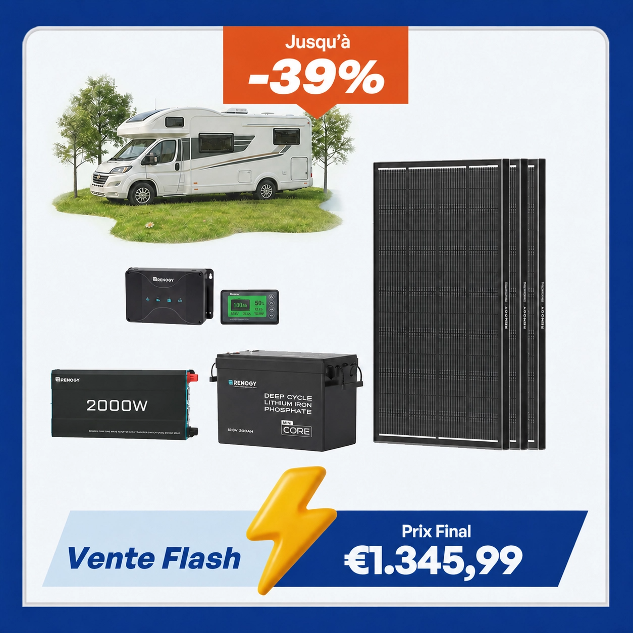 3,84 kWh Kit Énergie Camping-Car | Panneau Solaire 600W & 300Ah Batterie Lithium