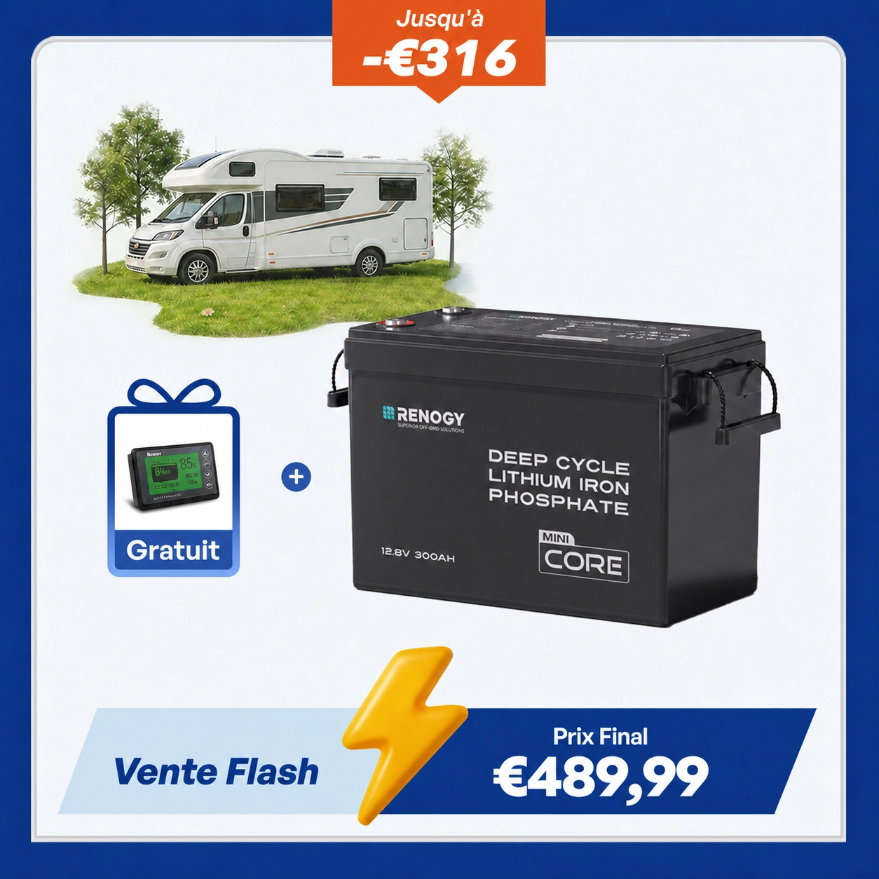 Core Mini - 12,8V 300Ah Batterie Lithium avec BMS, Puissante mais Compacte, Camping-Car, Fourgon et Bateau