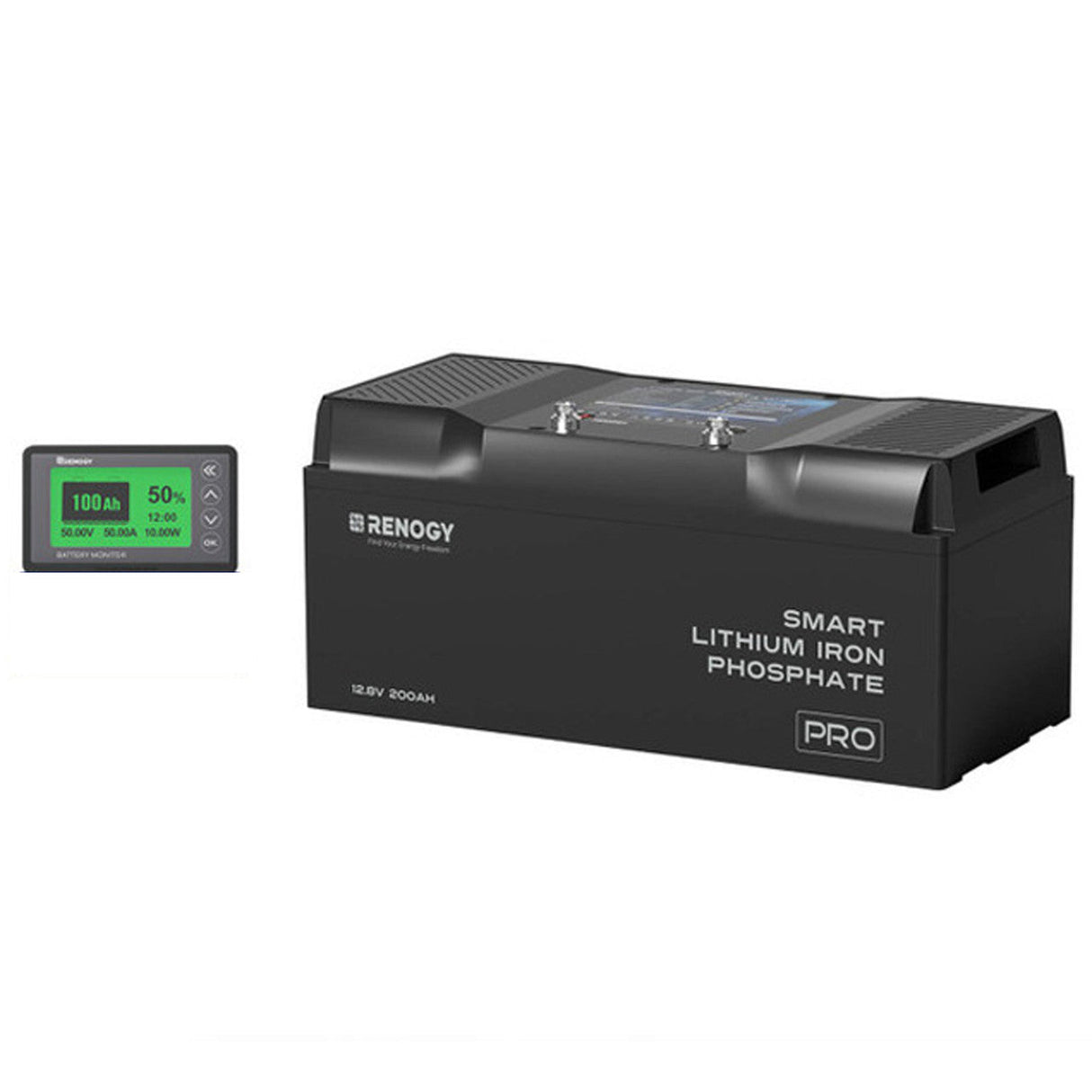 Renogy 12V 200Ah Pro Smart Lithium LiFePO4 Battery with Bluetooth & Self-heating Function with 500A Battery Monitor