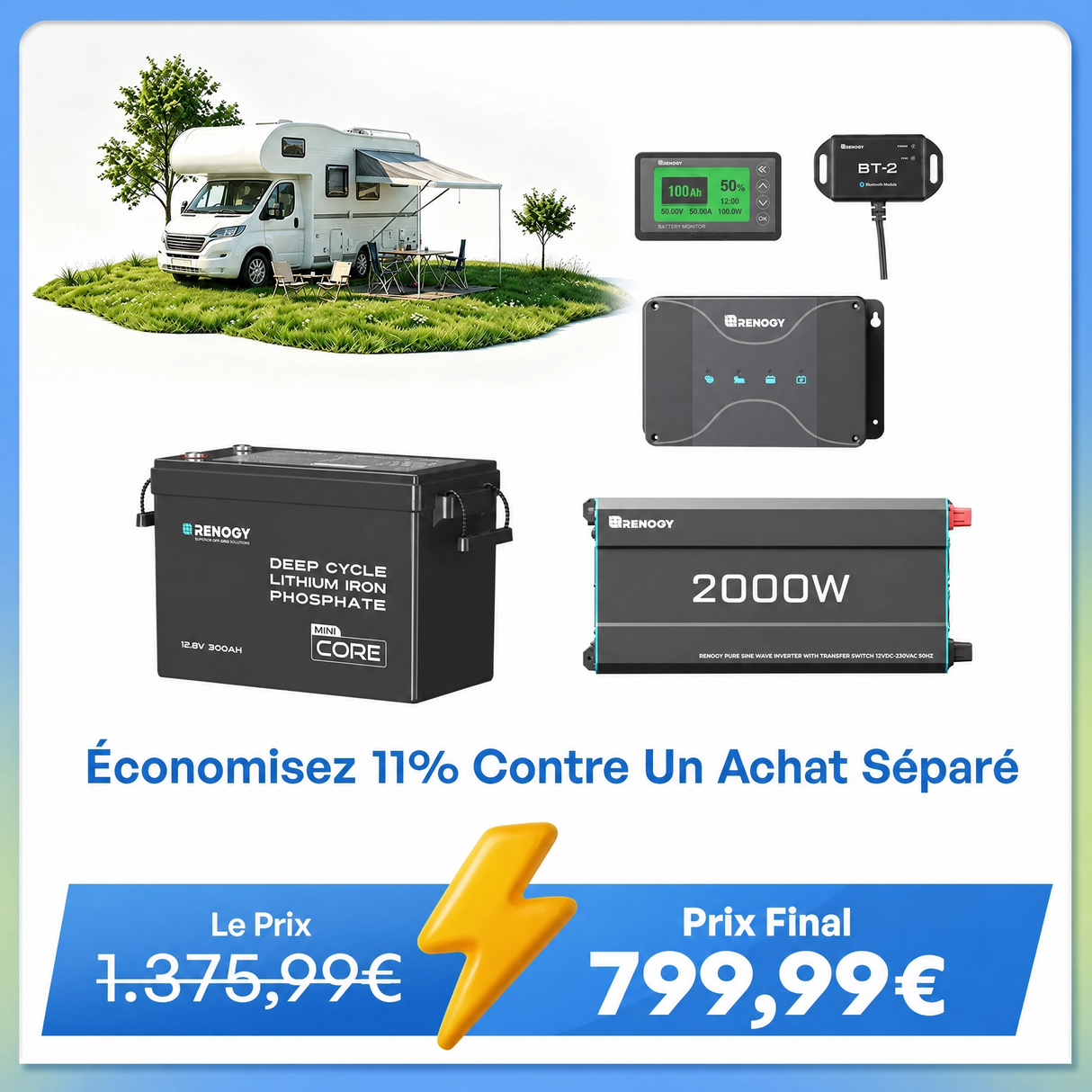 3,84 kWh Kit Énergie Camping-Car & Jardin | Panneau Solaire 3x200W & 300Ah Batterie Lithium