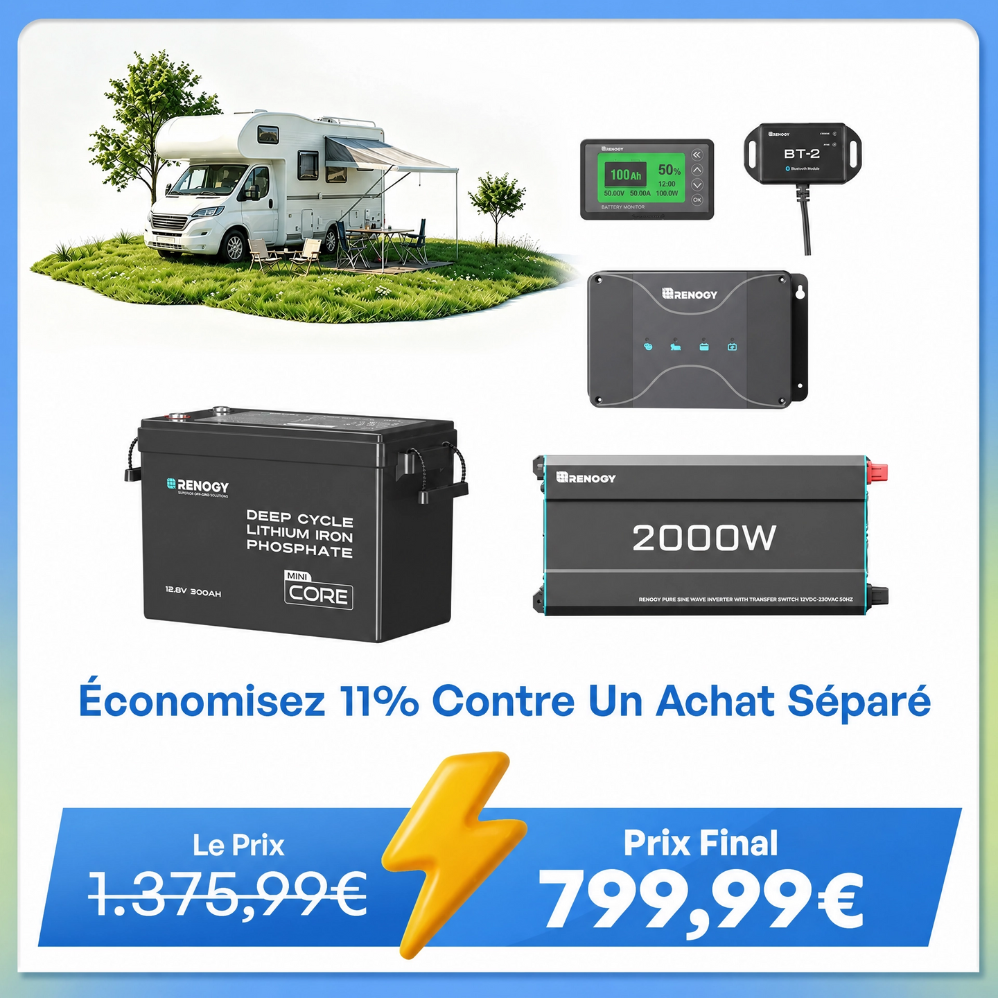 3,84 kWh Kit Énergie Camping-Car & Jardin | Panneau Solaire 3x200W & 300Ah Batterie Lithium
